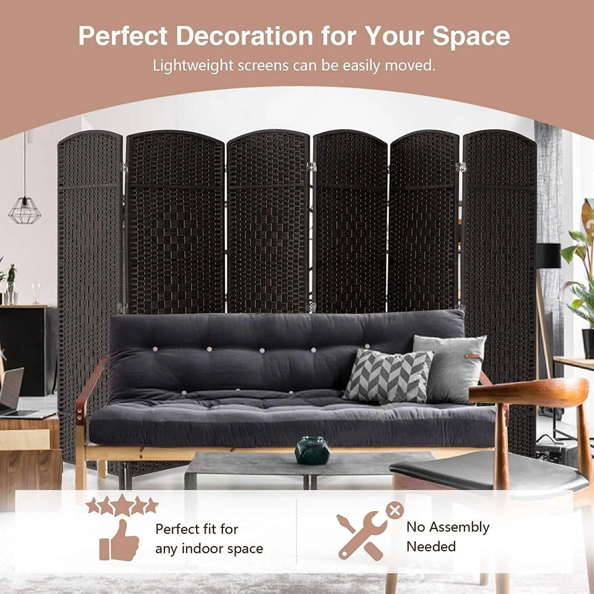 6 FT Tall Woven Fiber Room Divider, Freestanding Folding Privacy Screen