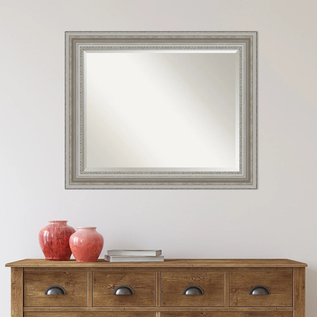 Beveled Bathroom Wall Mirror, Silver Frame Decorative Vanity Mirror for Bathroom, Bedroom and Entryway