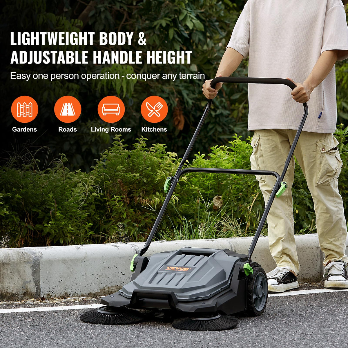 Walk-Behind Hand Push Floor Sweeper, 5-Gallon Waste Container, Manual Outdoor Sweeping Machine