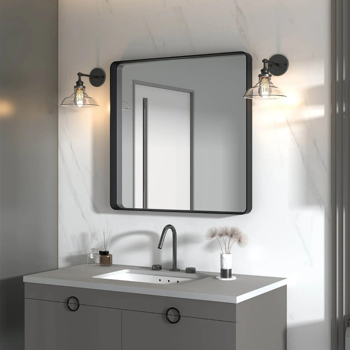 Aluminum Alloy Rounded Corner Vanity Mirror, Modern Wall Mounted Mirror for Bathroom, Bedroom and Home Decor