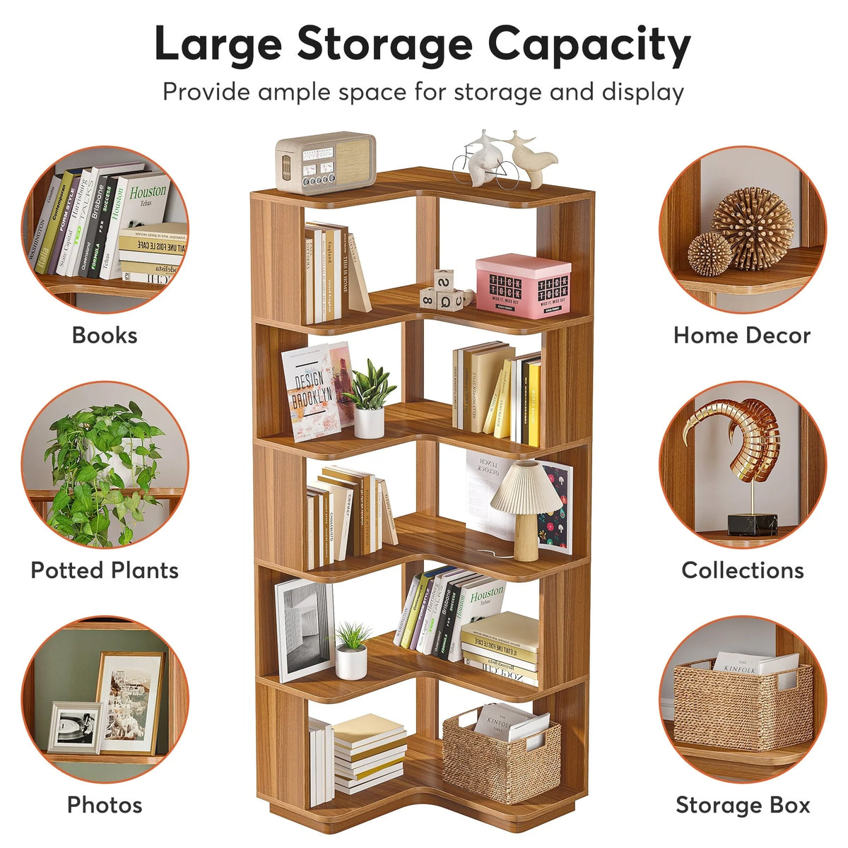 64.9 Inch Tall 6-Tier Corner Bookshelf, Freestanding Wood Industrial Bookcase