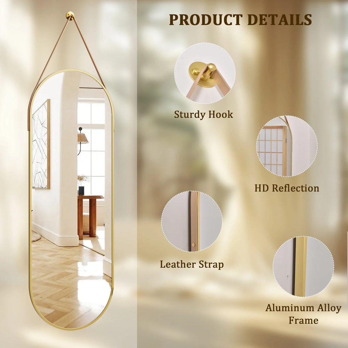 48 x 16 Inch Full Length Wall Mirror with Leather Strap, Hanging Full Body Mirror for Bedroom, Entryway and Home Decor