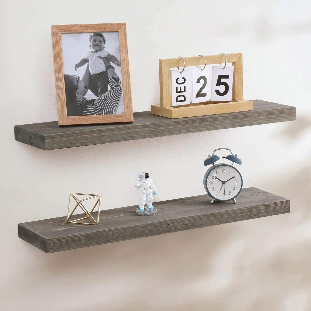 Set of 2 Handcrafted European Pine Floating Wall Shelves, Natural Rustic Wood