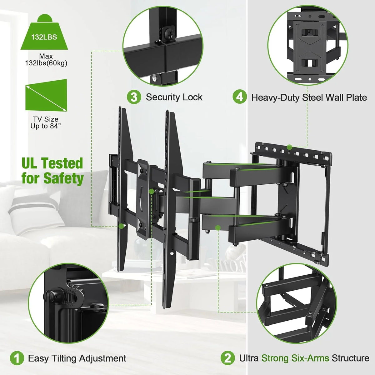 Full Motion TV Wall Mount for Most 42-86 Inch Flat Screen TVs, Adjustable Swivel and Tilt Bracket