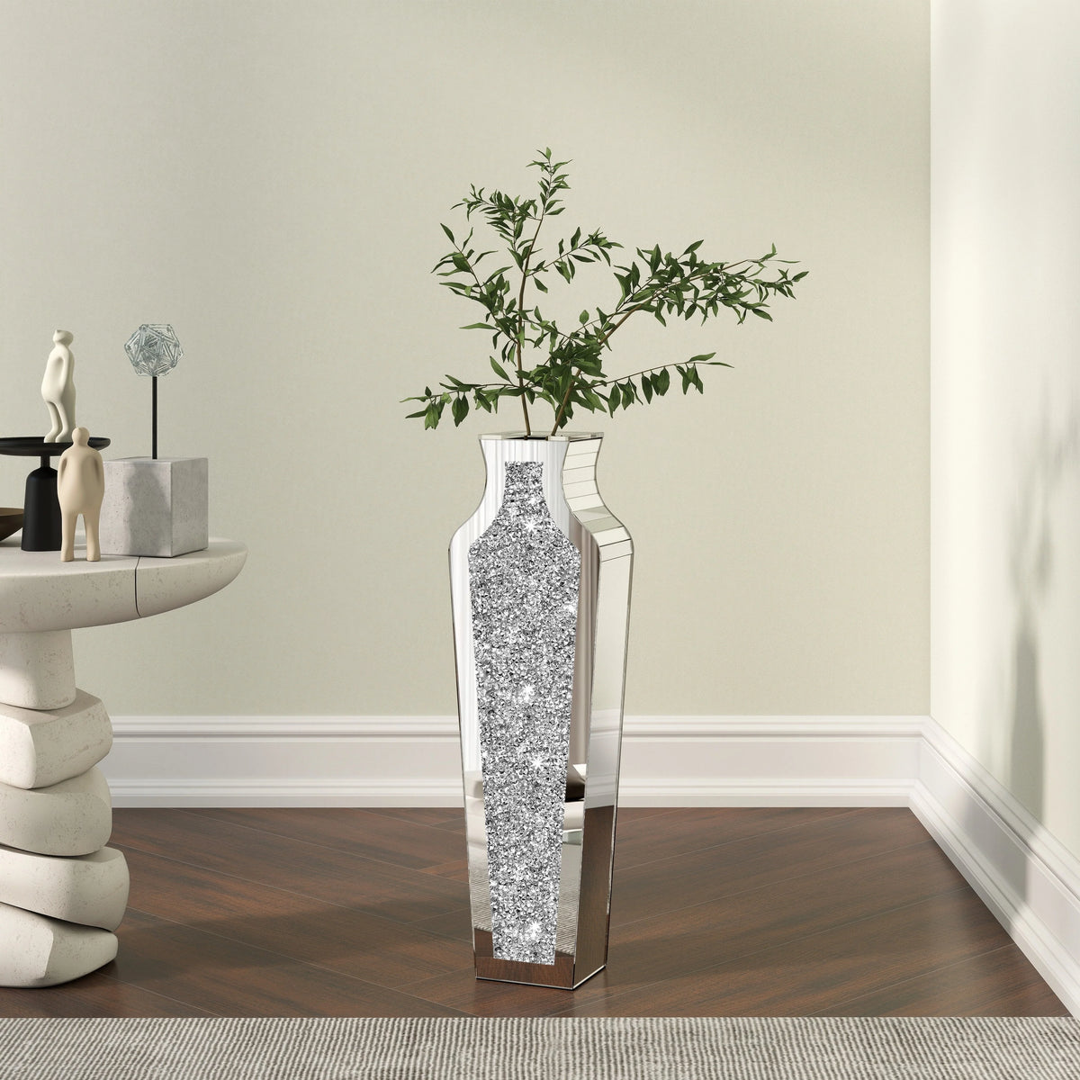 Tall Crushed Diamond Floor Vase, Luxury Decorative Crystal Accent Vase for Living Room, Bedroom and Home Decor