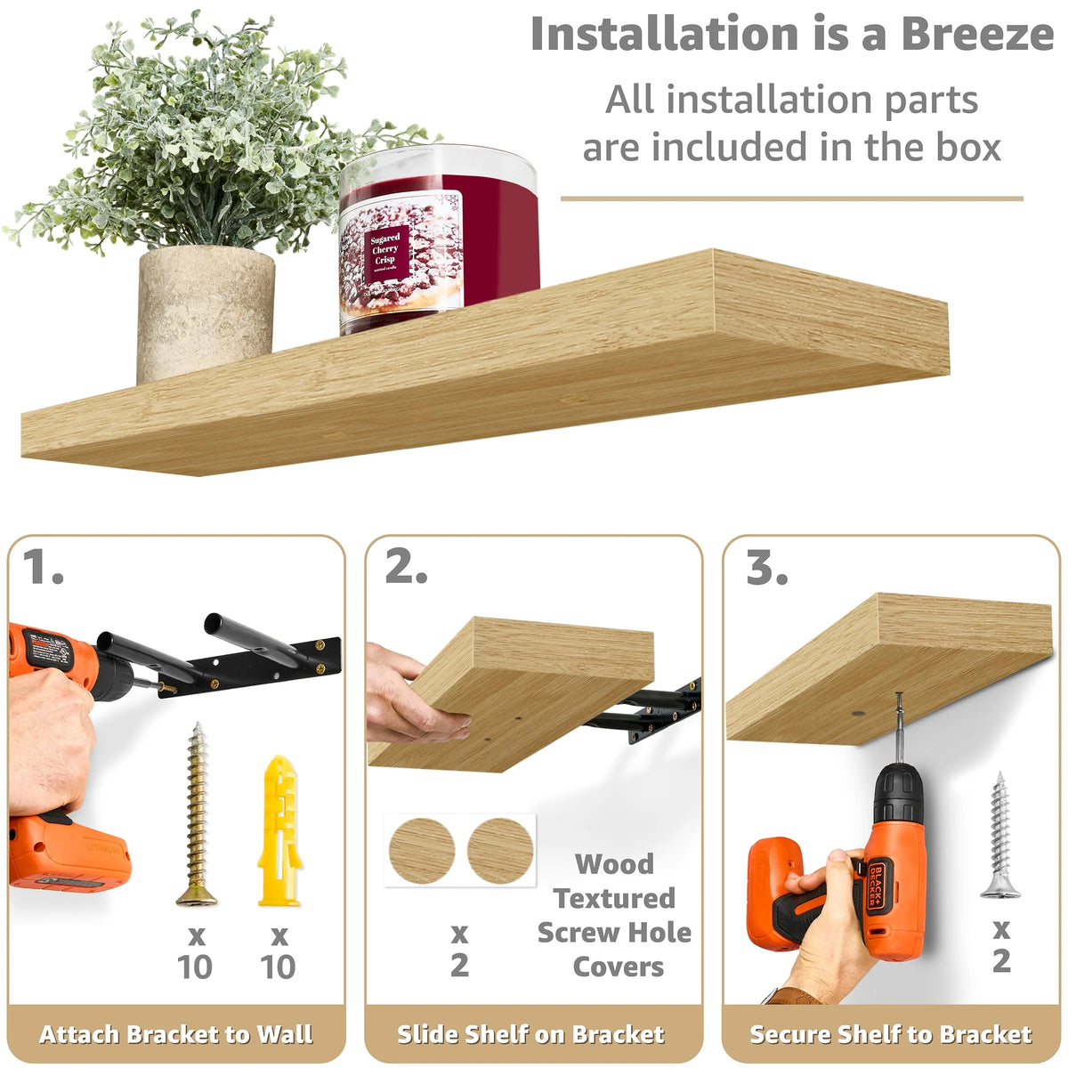 Set of 3 Floating Wood Wall Shelves, Wall Mounted Display and Storage Shelves with Invisible Brackets for Books and Home Decor