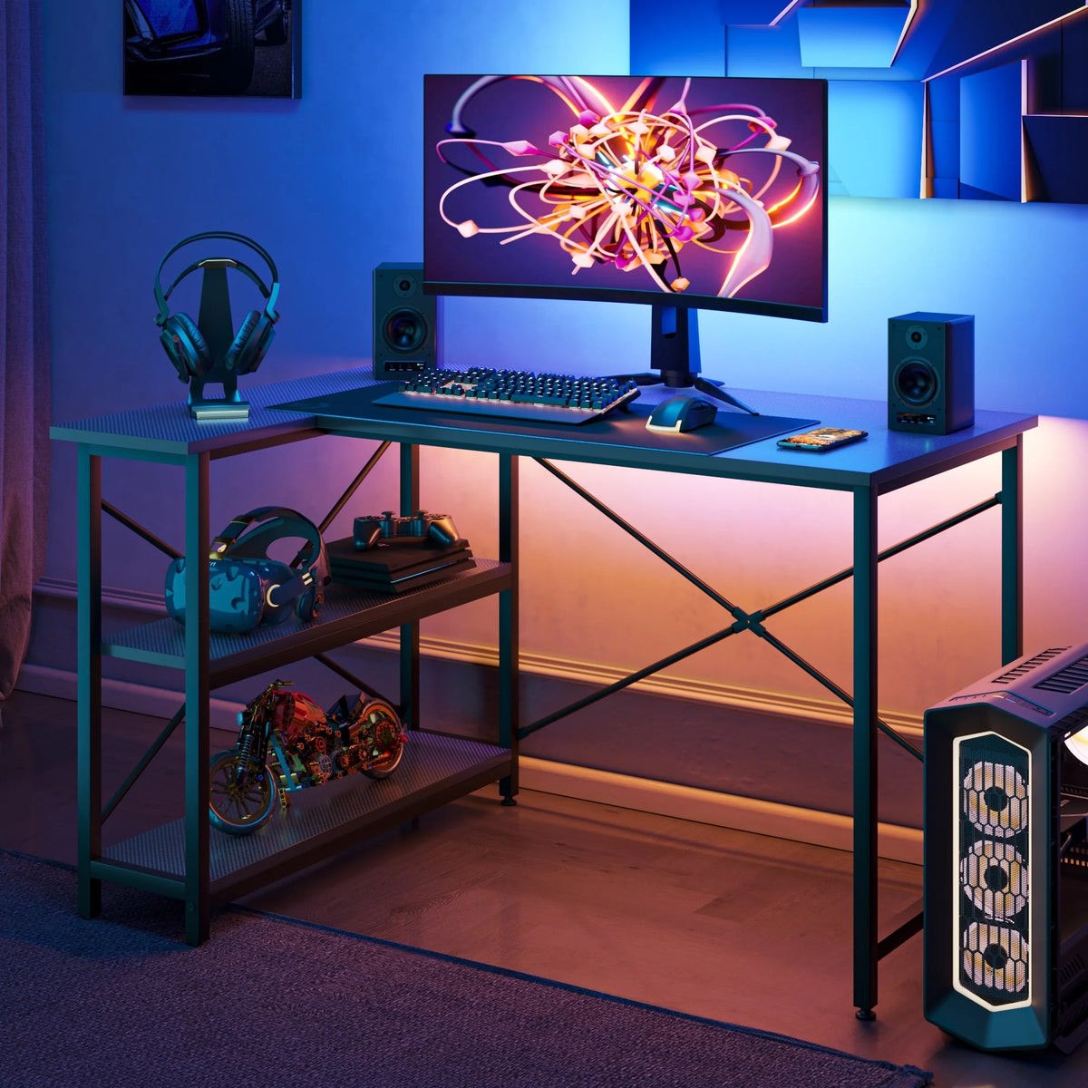 Small L Shaped Computer Desk with Storage Shelves, Compact Corner Workstation for Home Office and Study