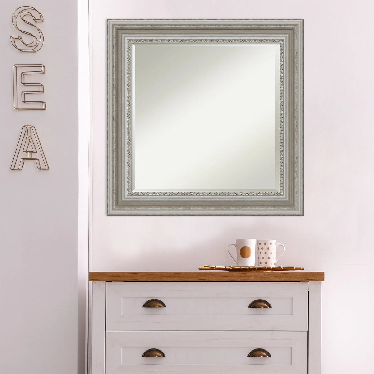 Beveled Bathroom Wall Mirror, Silver Frame Decorative Vanity Mirror for Bathroom, Bedroom and Entryway