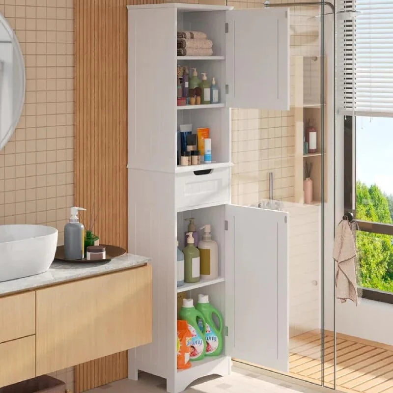 67 Inch Tall Narrow Bathroom Linen Cabinet, 5-Tier Solid Wood Freestanding Storage Cabinet