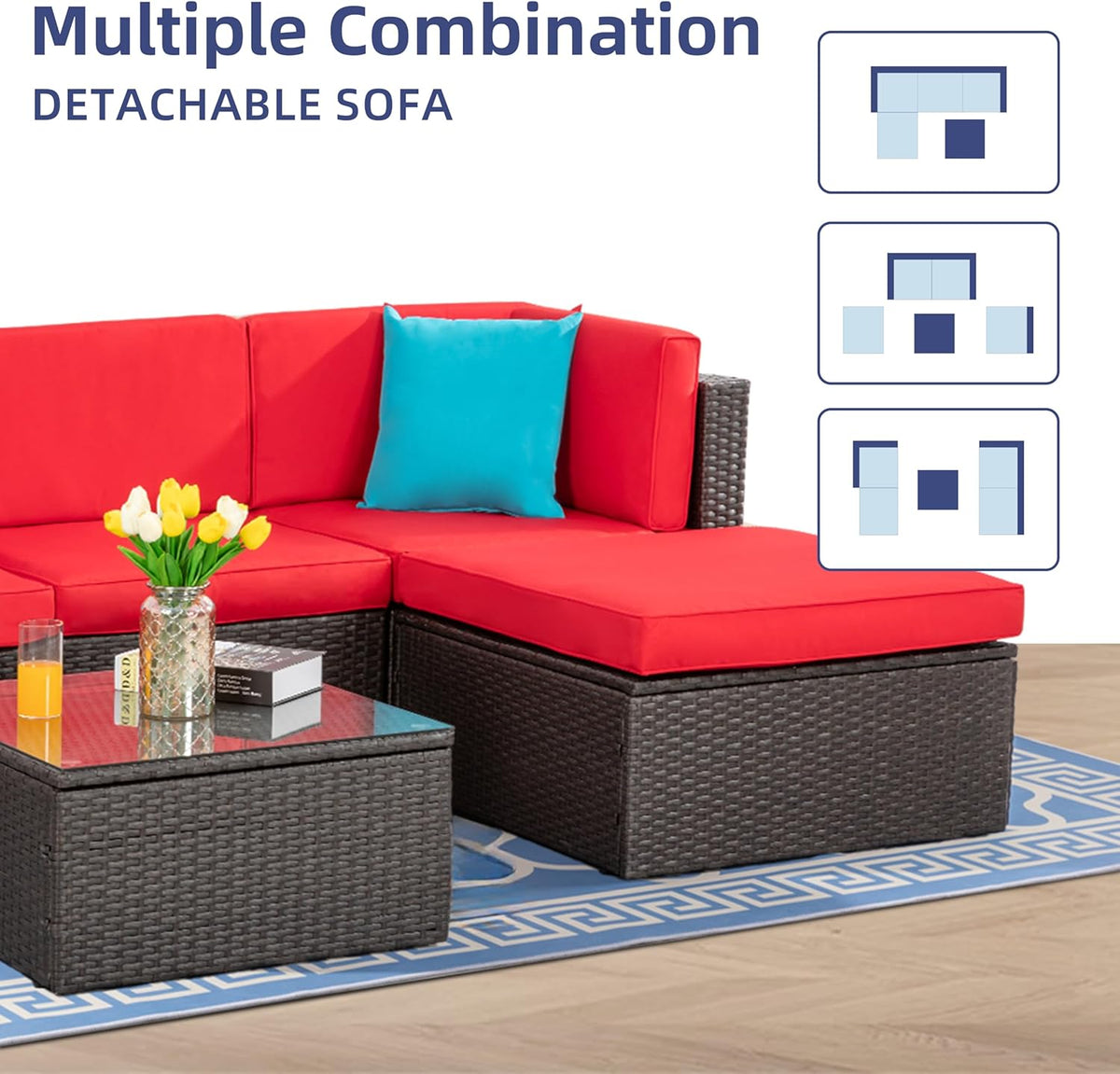 5-Piece All-Weather Patio Furniture Set with Ottoman, Outdoor Wicker Conversation Sofa Set with Cushions for Garden, Deck & Backyard
