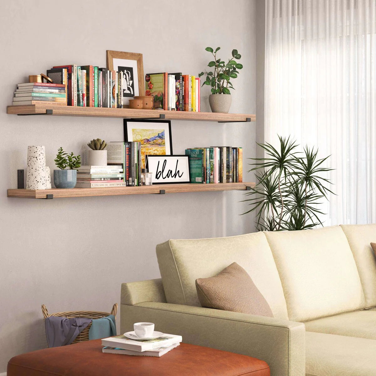 72 Inch Floating Wood Wall Shelves, Set of 2 Burnt Wood Display and Storage Shelves for Home Decor