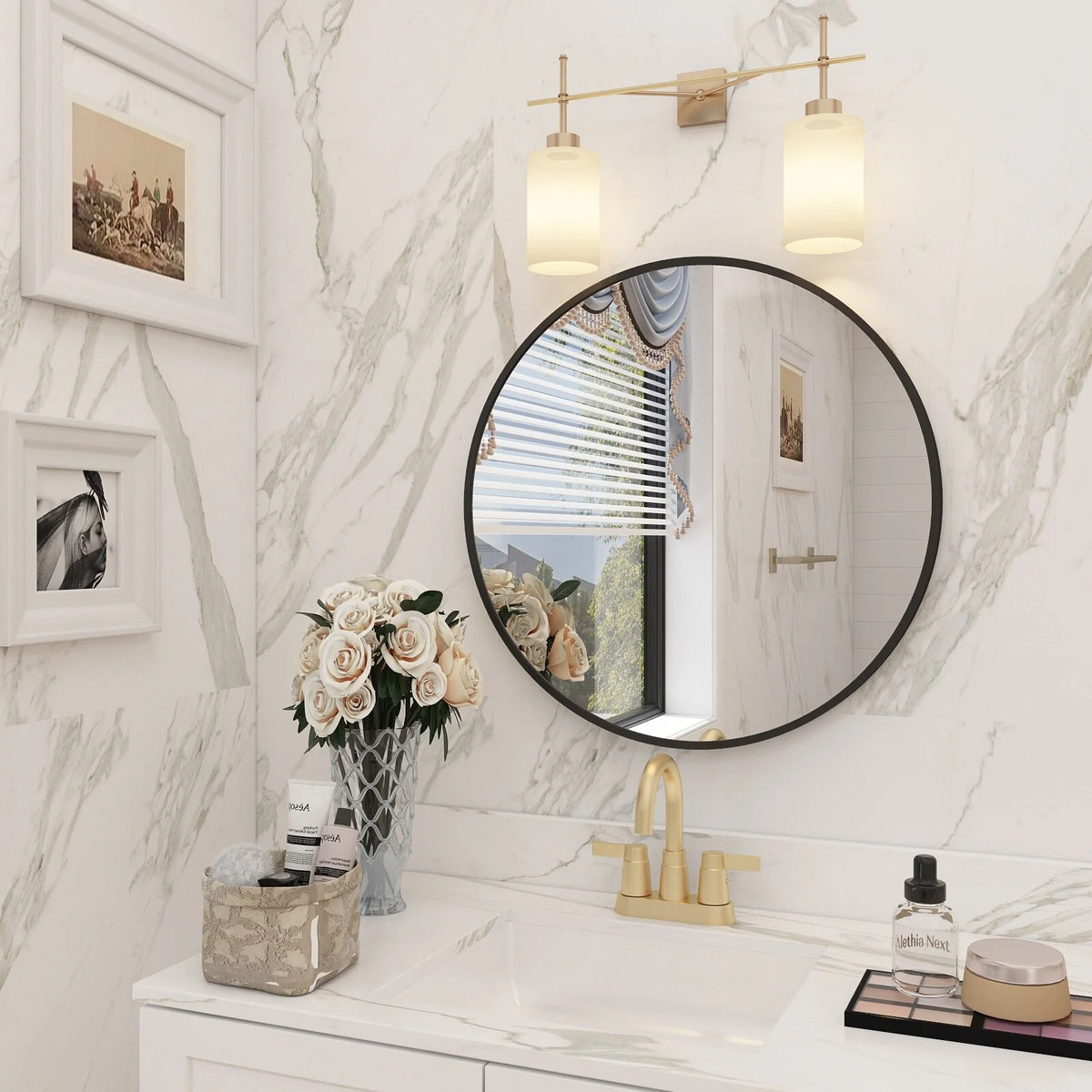 Round Metal Black Frame Bathroom Vanity Mirror, Wall Mounted Decorative Mirror