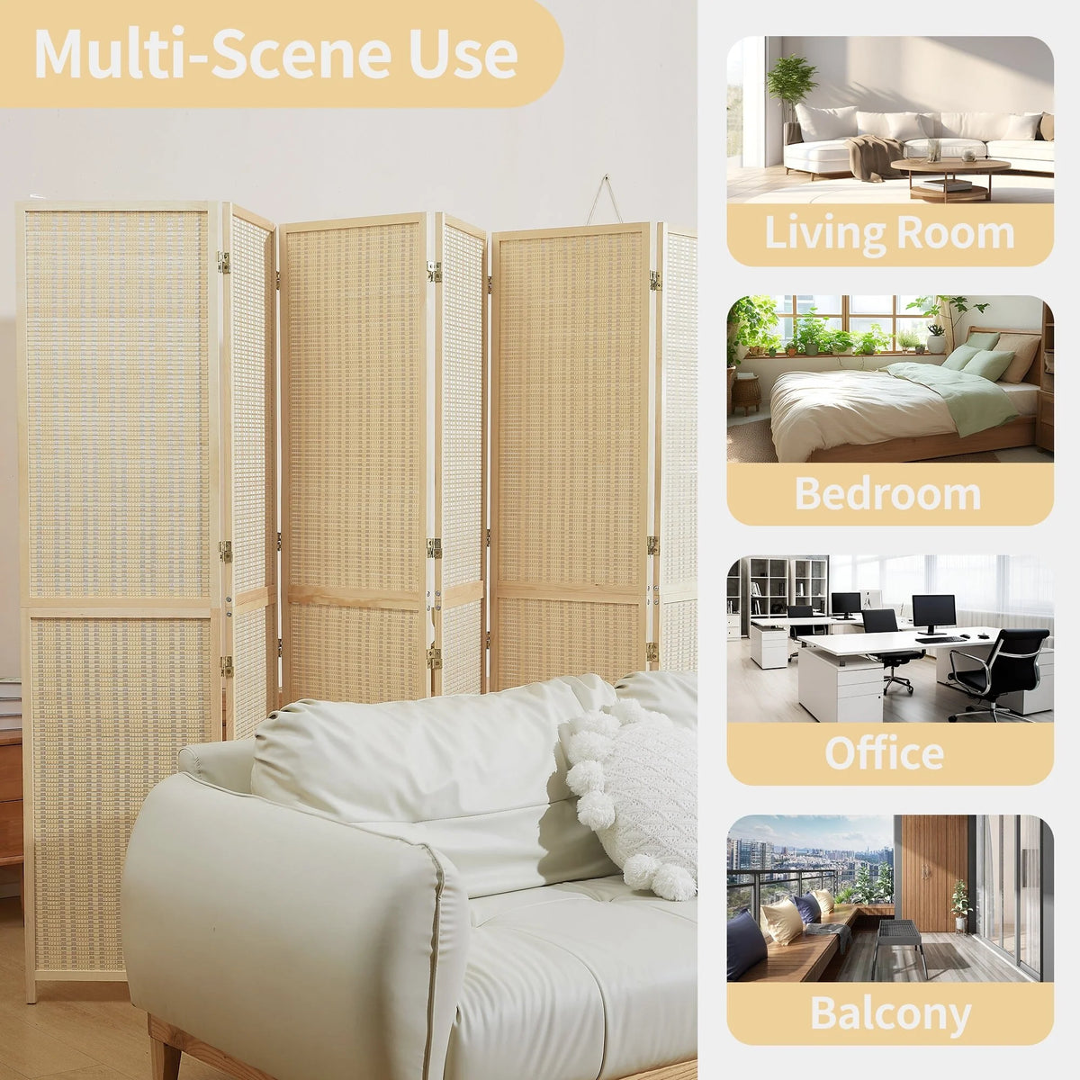 4-Panel Bamboo Folding Partition Screen 6FT Detachable Room Divider