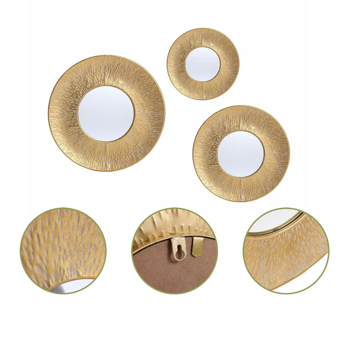 3-Piece Gold Metal Round Wall Mirror Set, 22.25" Diameter x 2.36" Deep, Decorative Wall Mirrors