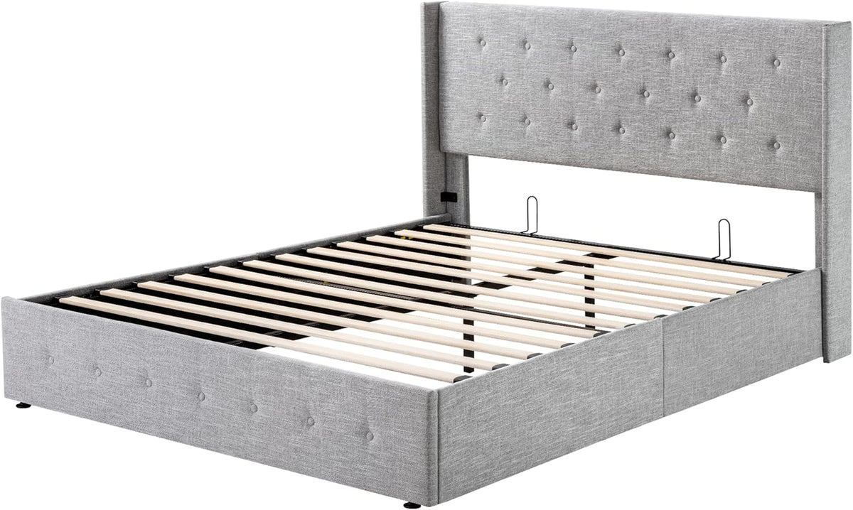 Queen Size Lift Up Storage Bed with Wingback Headboard, Upholstered Platform Bed Frame with Hidden Storage