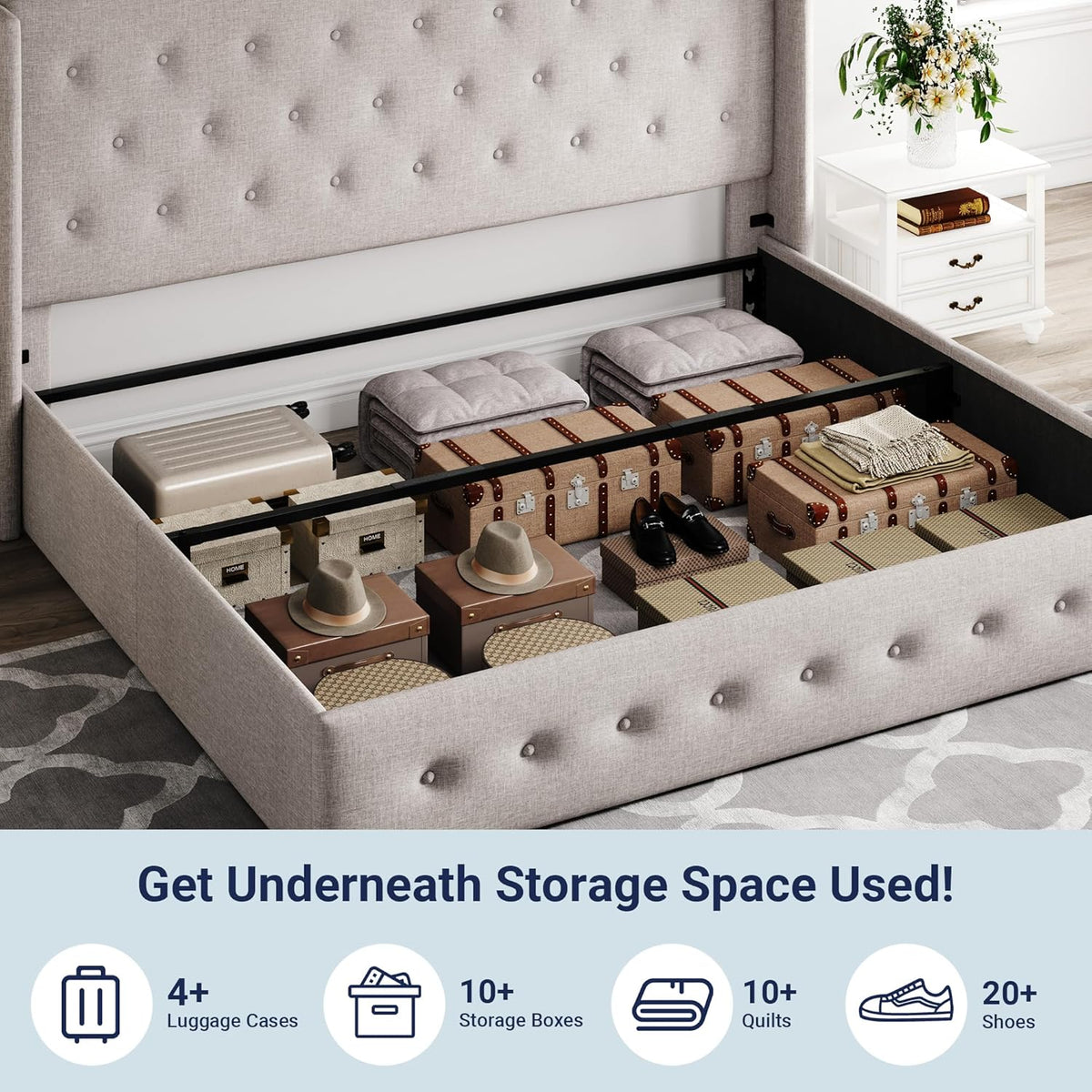 Queen Size Lift Up Storage Bed with Wingback Headboard, Upholstered Platform Bed Frame with Hidden Storage