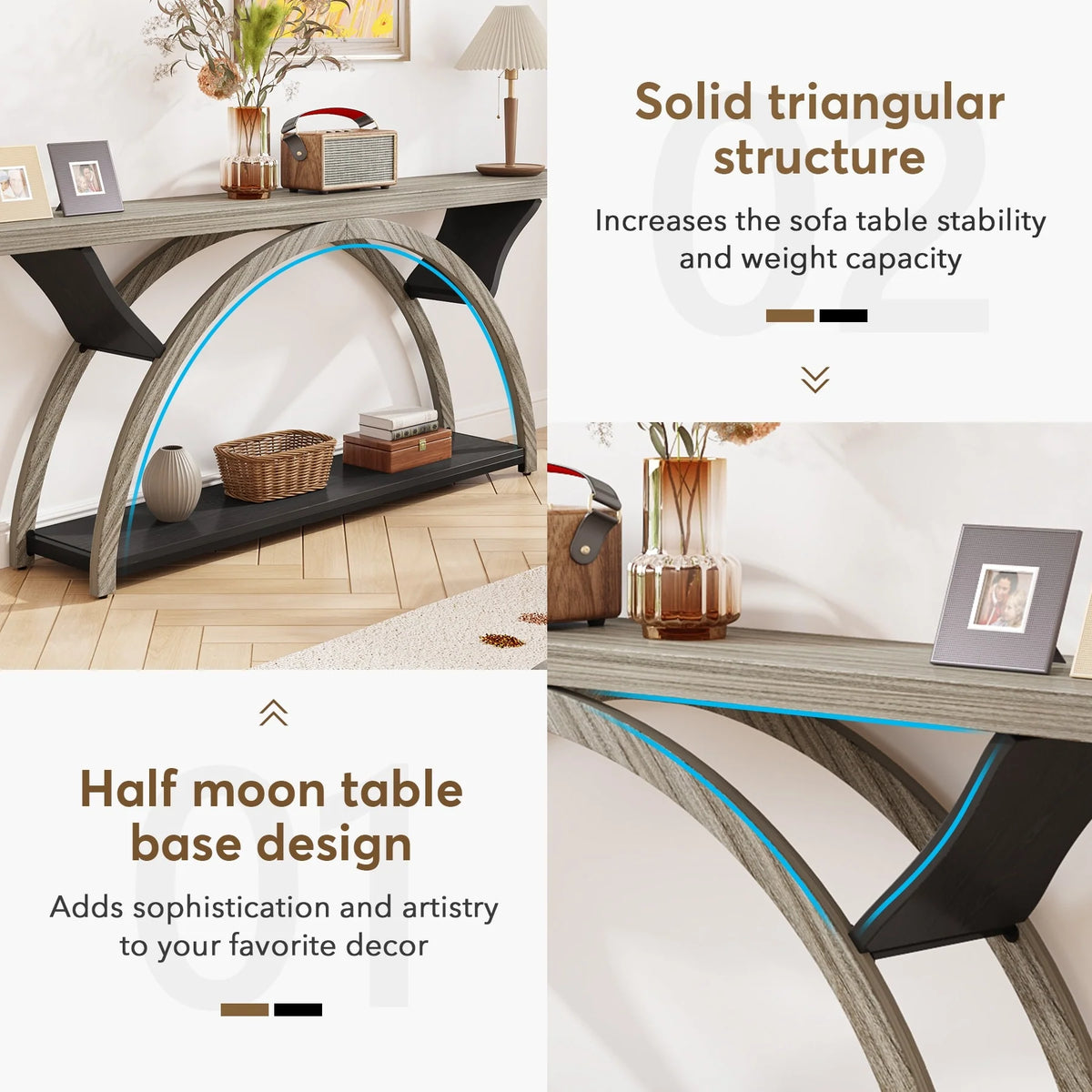 Gray 2-Tier Slim Console Sofa Table, Semi-Circular Metal Frame for Hallway