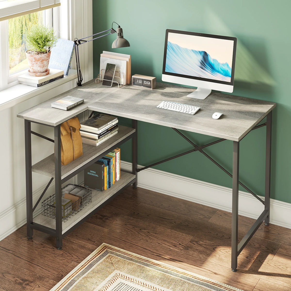 Small L Shaped Computer Desk with Storage Shelves, Compact Corner Workstation for Home Office and Study