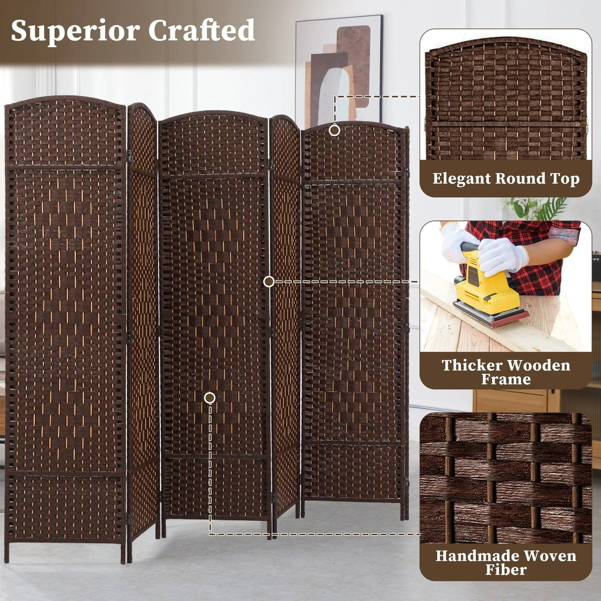 6 FT Tall Woven Fiber Room Divider, Freestanding Folding Privacy Screen