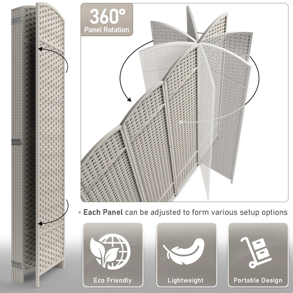 6 Panel Room Divider, 6ft Tall Extra Wide Folding Privacy Screen with Hand-Woven Mesh Panels
