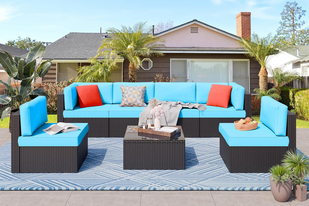 5-Piece All-Weather Patio Furniture Set with Ottoman, Outdoor Wicker Conversation Sofa Set with Cushions for Garden, Deck & Backyard