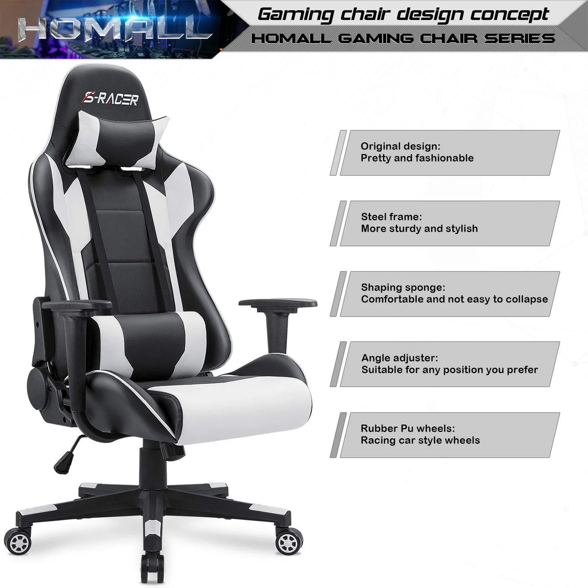 High Back Ergonomic Gaming Chair, Leather Computer Desk Chair for Gaming, Home Office and Work