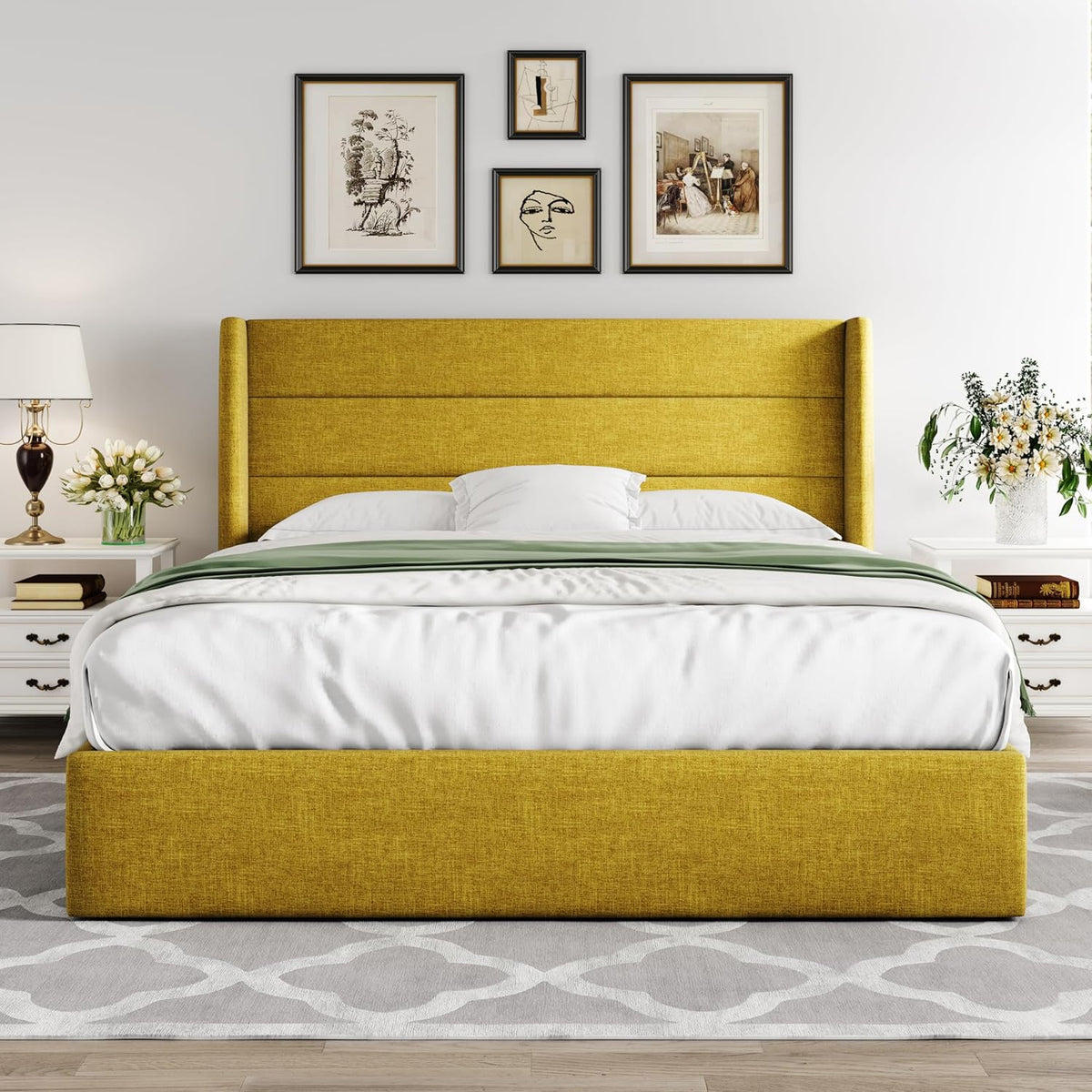 Queen Size Lift Up Storage Bed with Wingback Headboard, Upholstered Platform Bed Frame with Hidden Storage