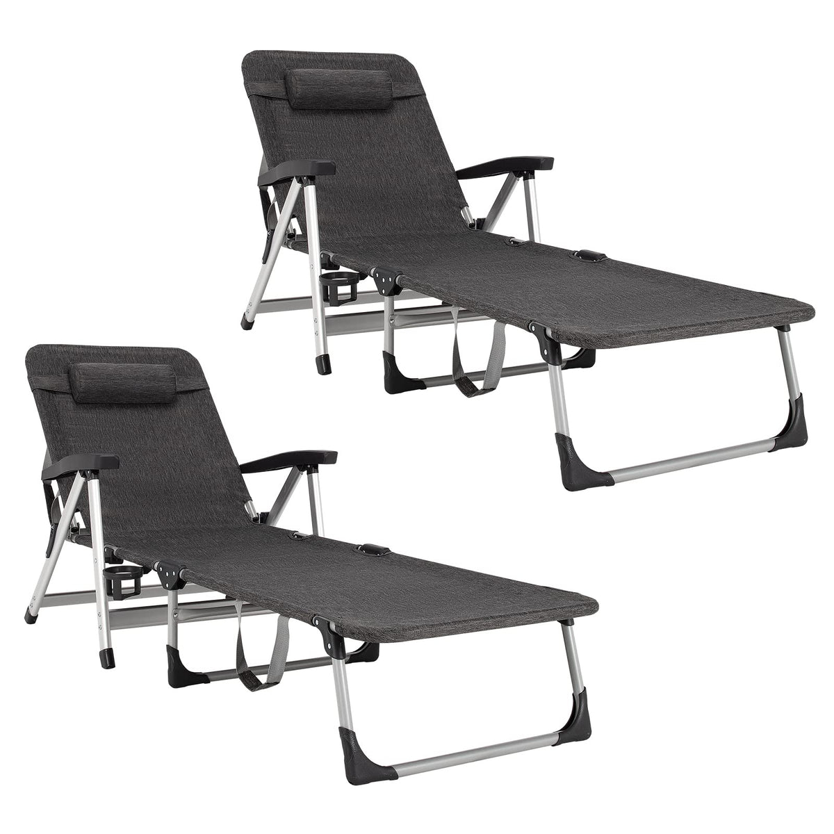 Folding Outdoor Chaise Lounge Chair with Cup Holder and Detachable Headrest