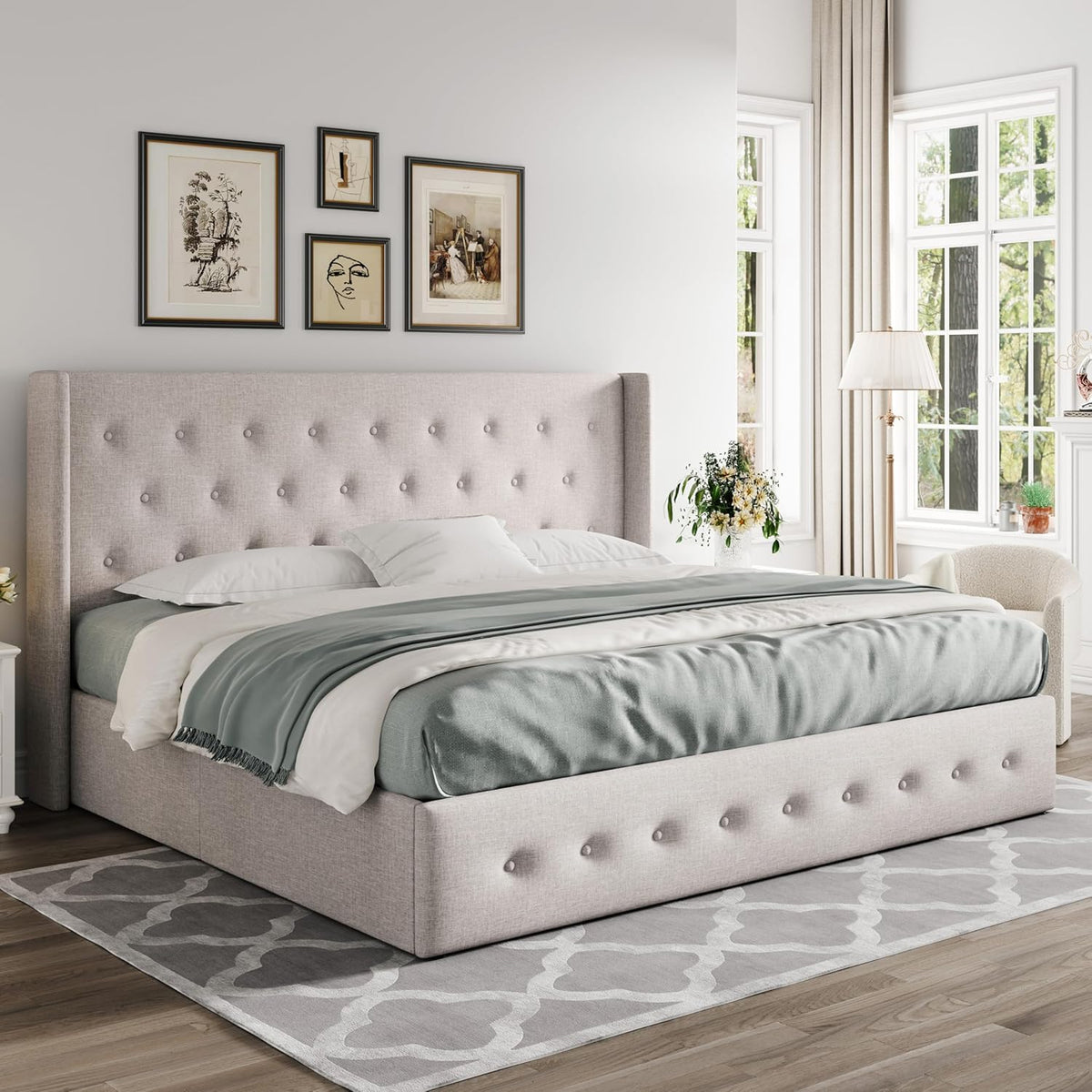 Queen Size Lift Up Storage Bed with Wingback Headboard, Upholstered Platform Bed Frame with Hidden Storage