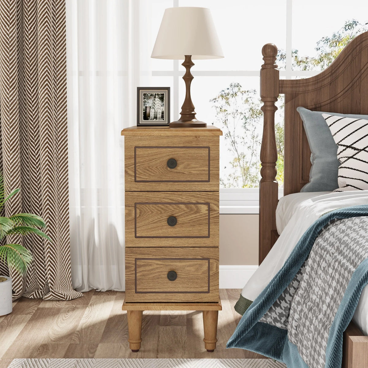 Fully Assembled Narrow End Table, Solid Wood Side Table with 3 Drawers, Vintage Nightstand for Small Spaces