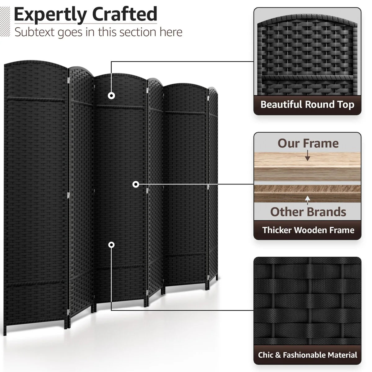 6 Panel Room Divider, 6ft Tall Extra Wide Folding Privacy Screen with Hand-Woven Mesh Panels