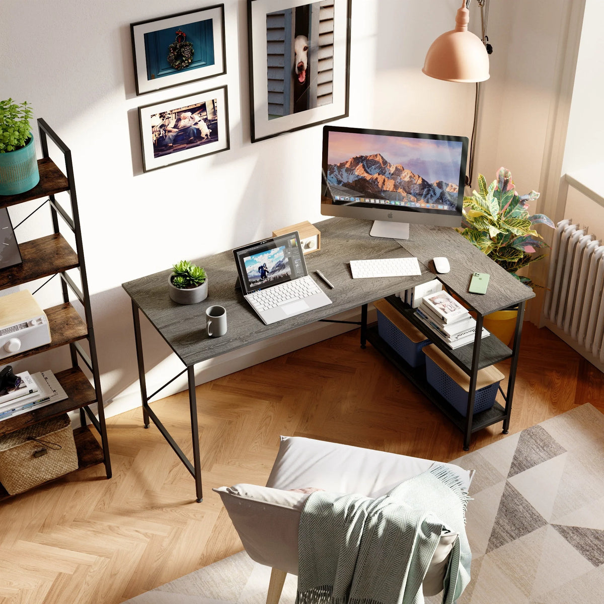 Small L Shaped Computer Desk with Storage Shelves, Compact Corner Workstation for Home Office and Study