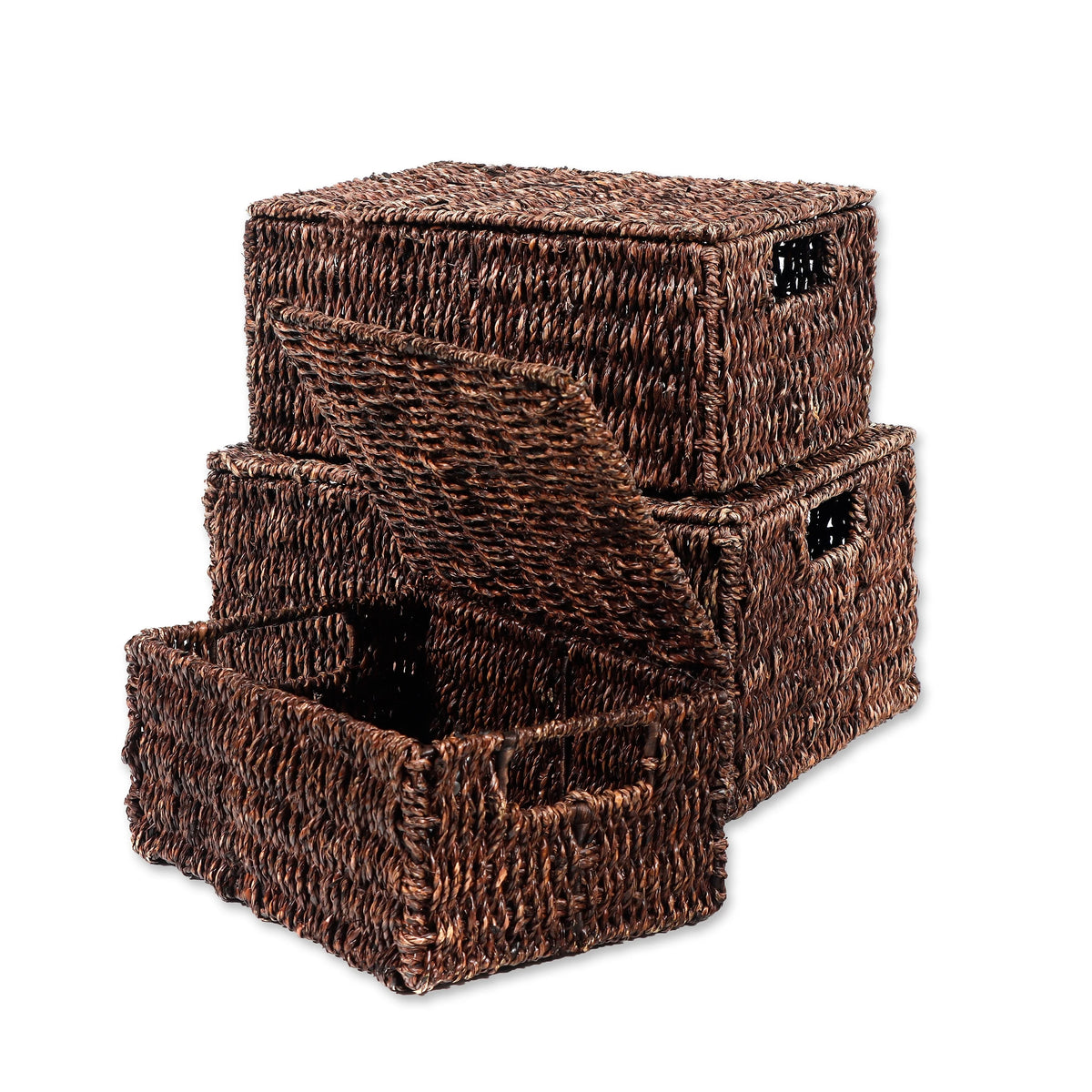 Set of 3 Small Rectangular Seagrass Baskets with Lids, Woven Storage Baskets