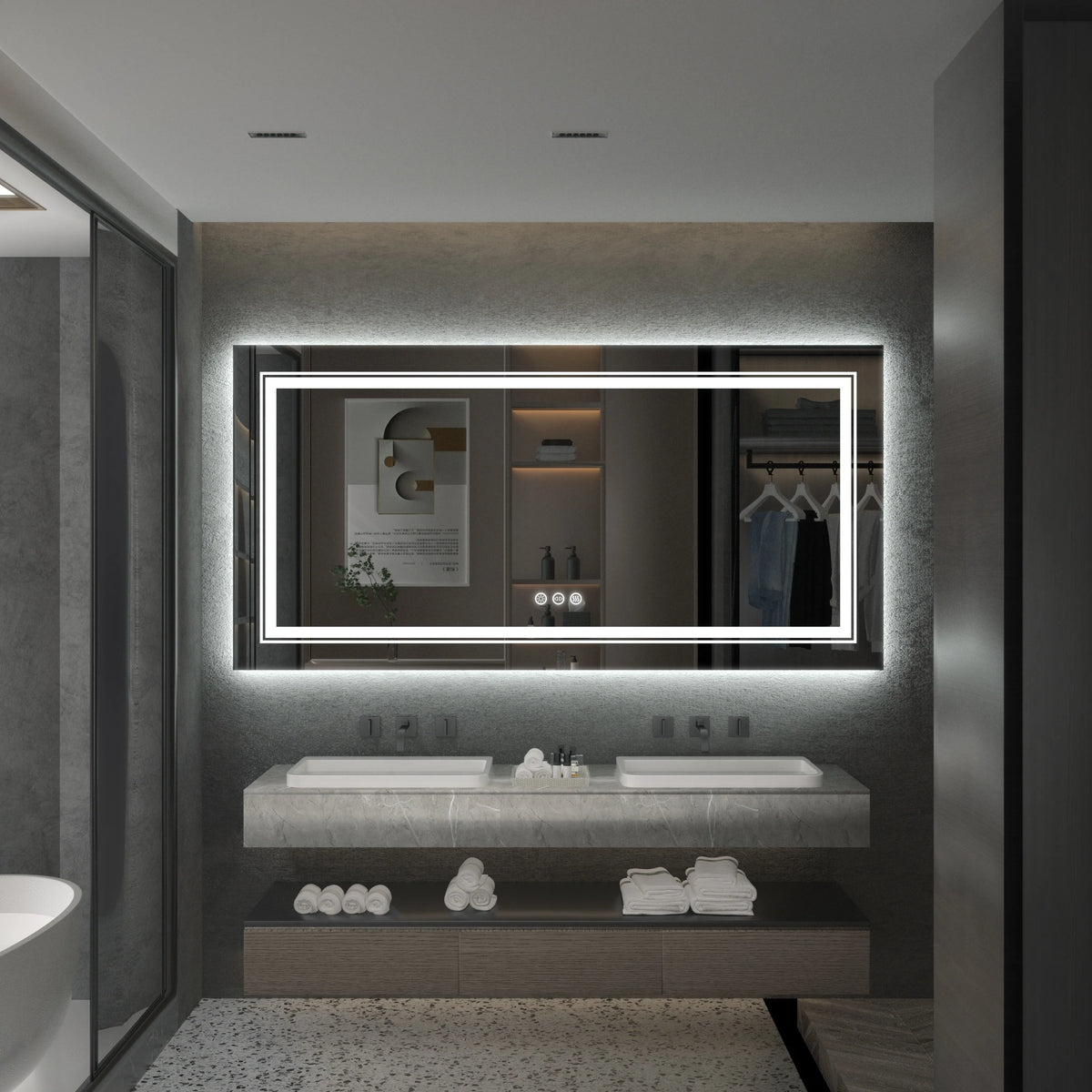 Extra Large LED Lighted Bathroom Mirror, Anti-Fog Wall Mounted Vanity Mirror with 3 Colors