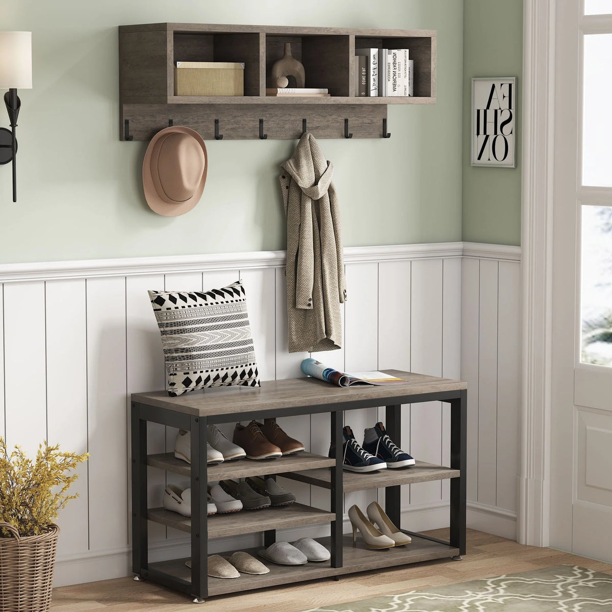 Entryway Coat Rack and Shoe Bench Set, Industrial Hall Tree with Coat and Shoe Storage