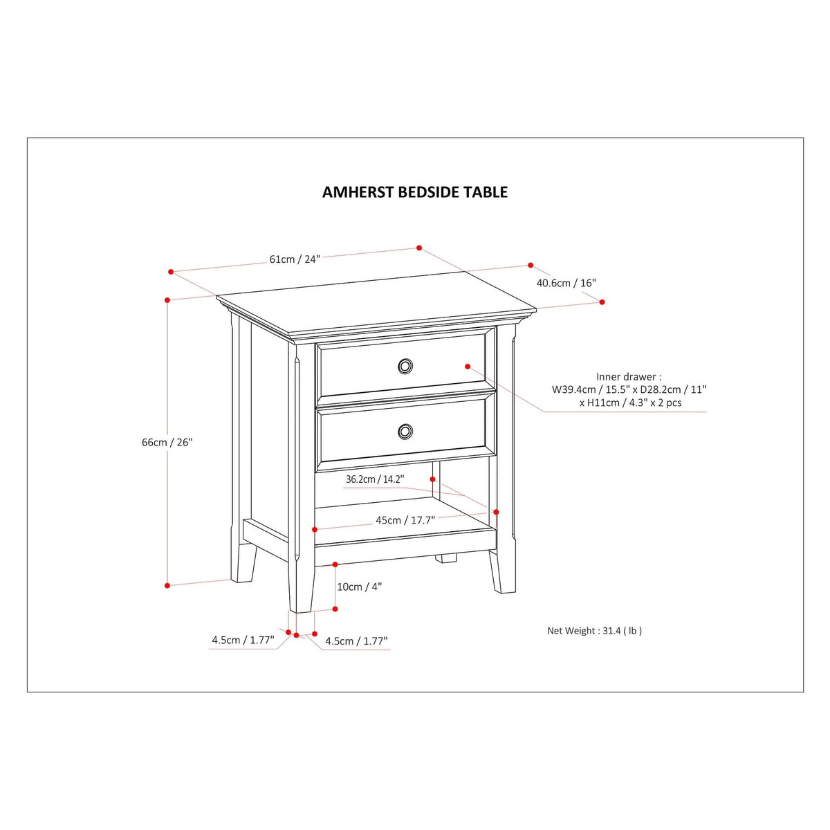 24 Inch Wide Solid Wood Nightstand, Bedside Table and Bedroom End Table