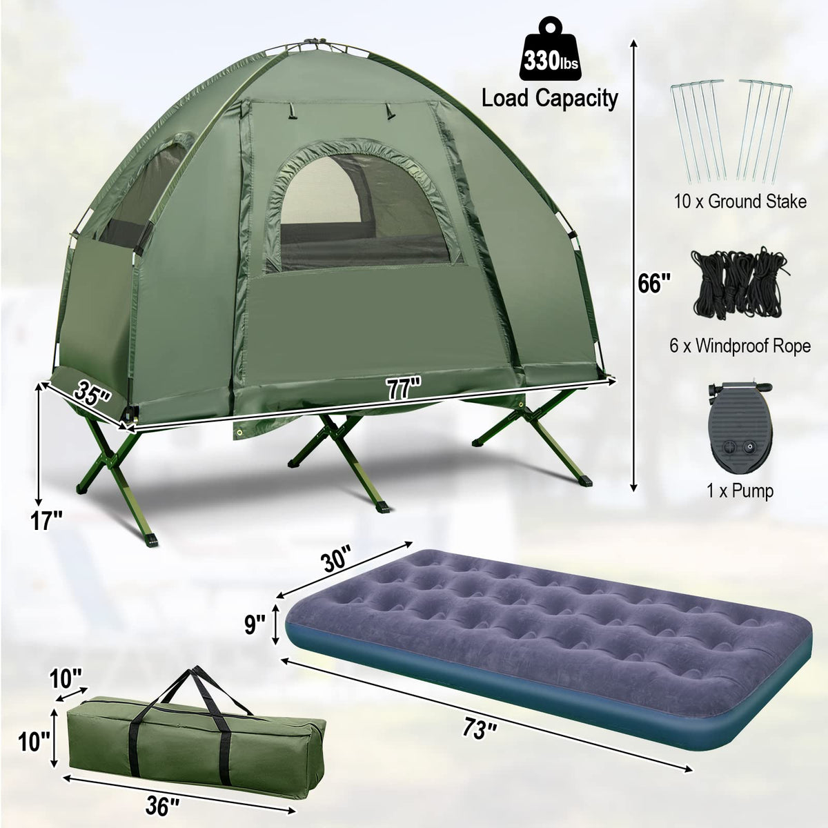 5-in-1 Folding Camping Cot �� Tent with Air Mattress, Pillow & Sleeping Bag