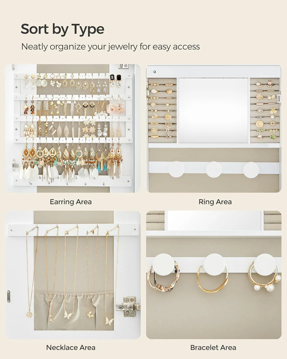 LED Jewelry Organizer Cabinet, Wall or Door Mounted Jewelry Storage Mirror with LED Lights