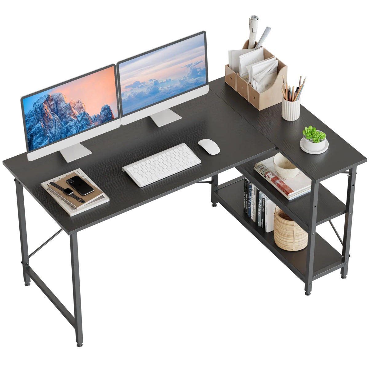 Small L Shaped Computer Desk with Storage Shelves, Compact Corner Workstation for Home Office and Study