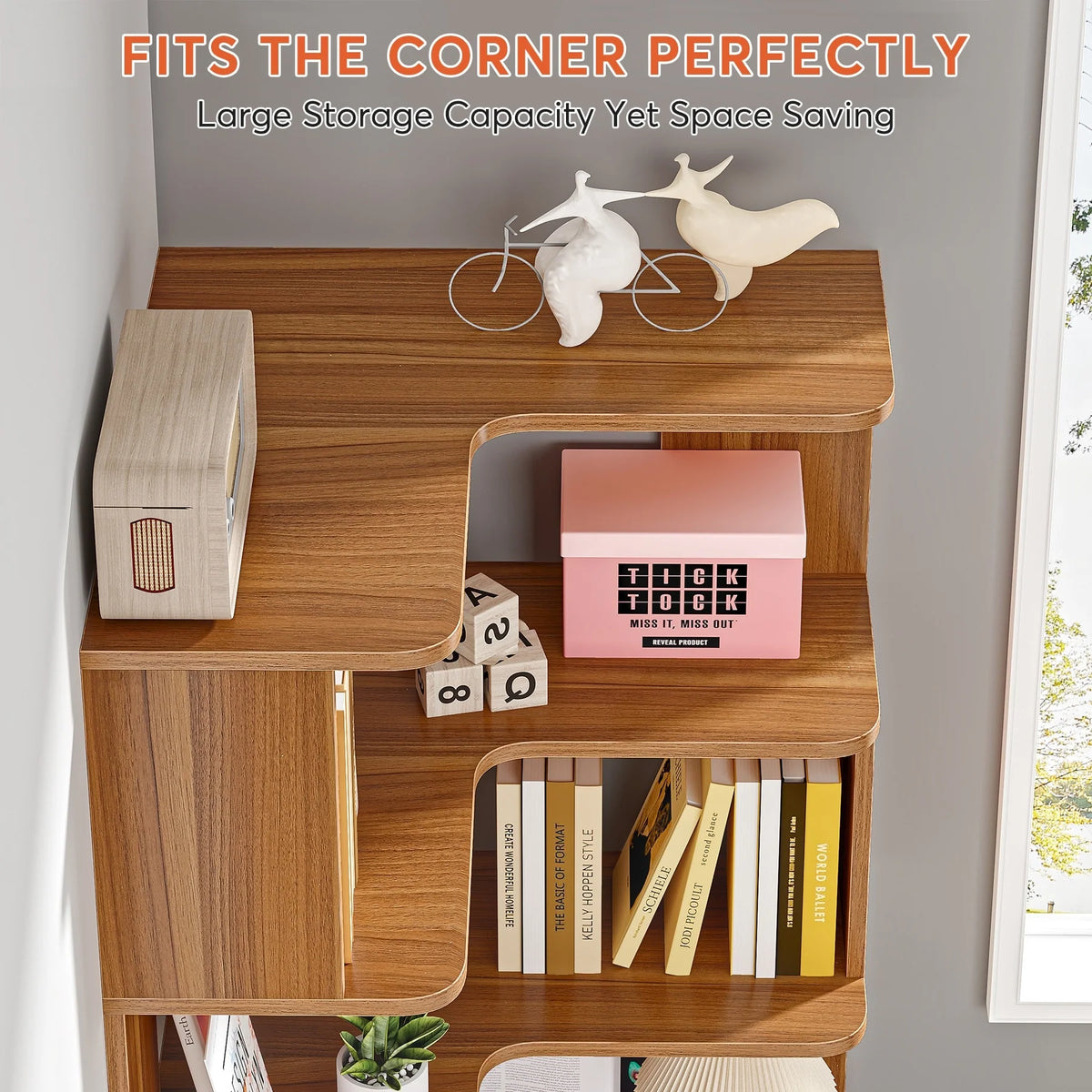 64.9 Inch Tall 6-Tier Corner Bookshelf, Freestanding Wood Industrial Bookcase