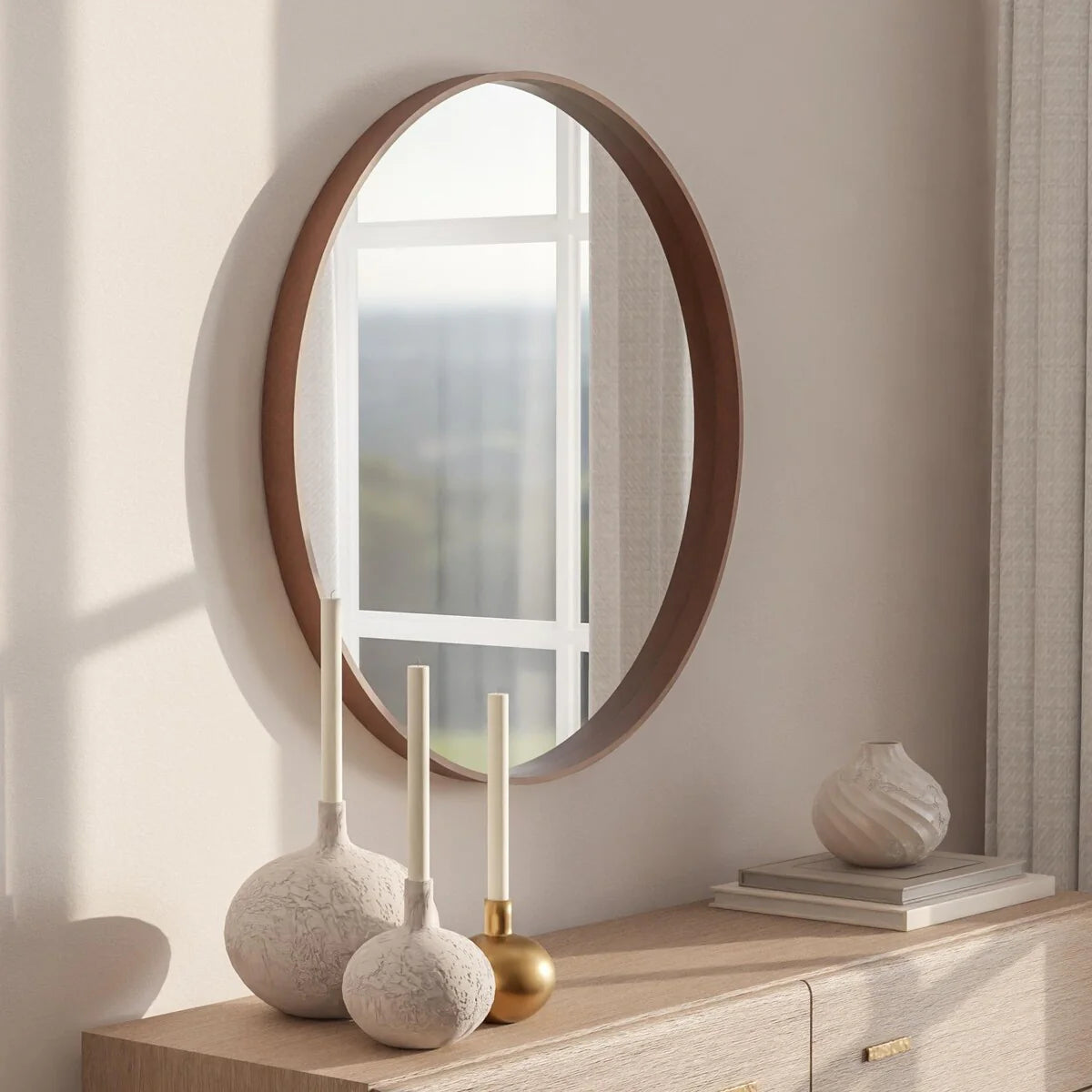Classic Farmhouse Round Wall Mirror, Wooden Frame Decorative Accent Mirror for Living Room, Bedroom and Entryway