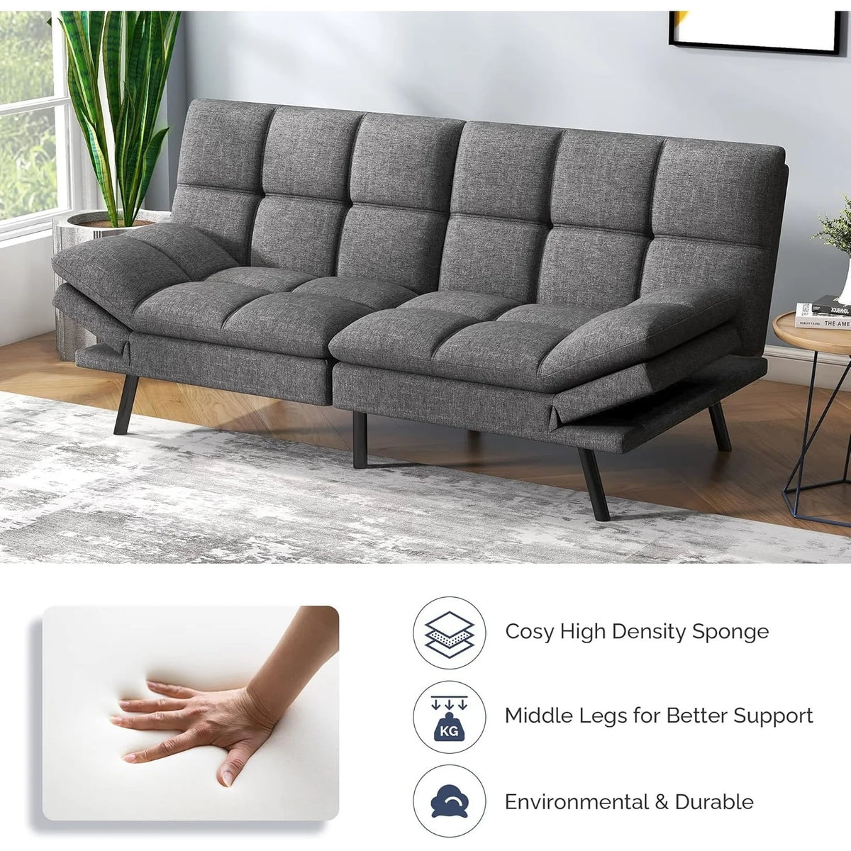 Convertible Futon Sofa Bed with Memory Foam, Foldable Loveseat Sleeper with Adjustable Armrests