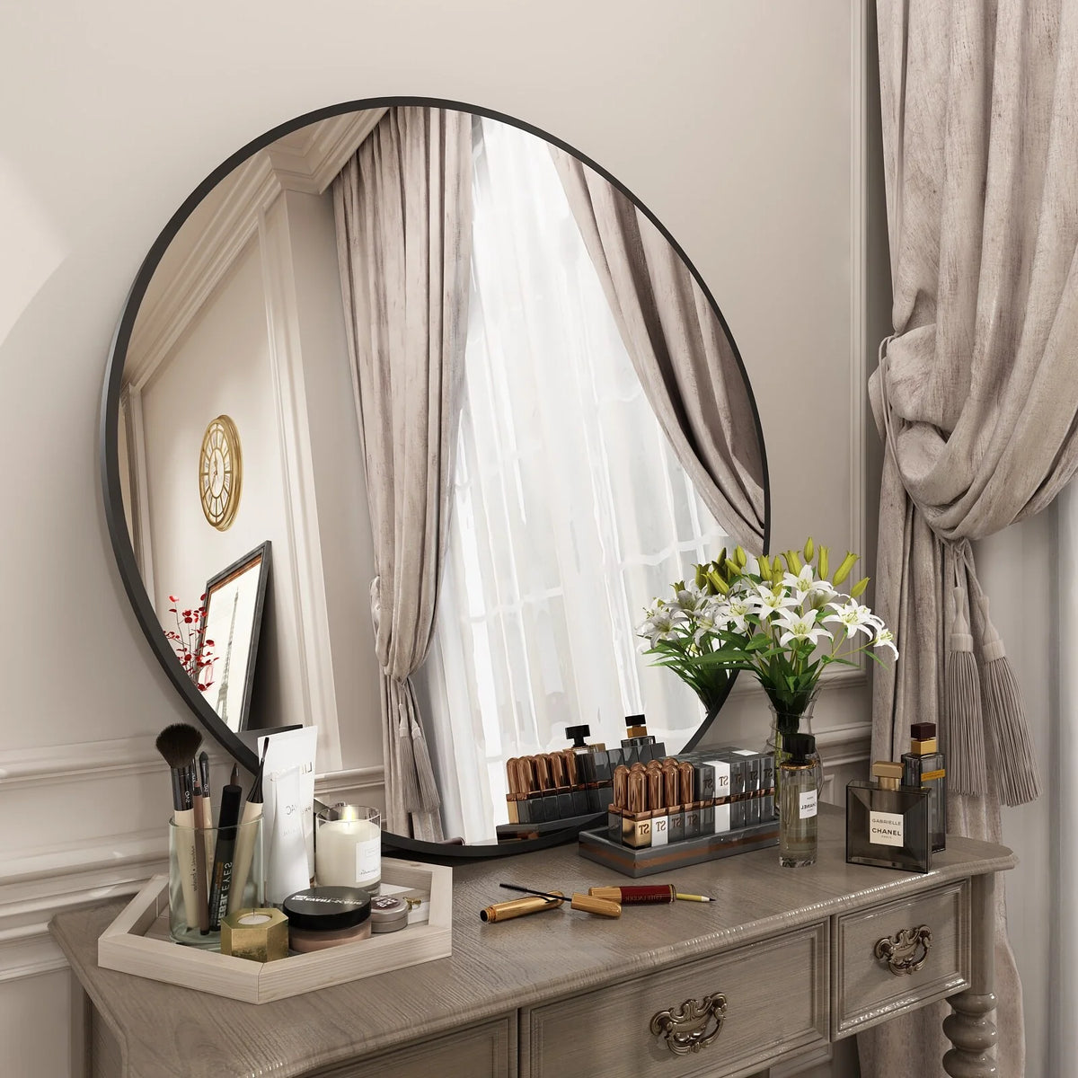 Round Metal Black Frame Bathroom Vanity Mirror, Wall Mounted Decorative Mirror