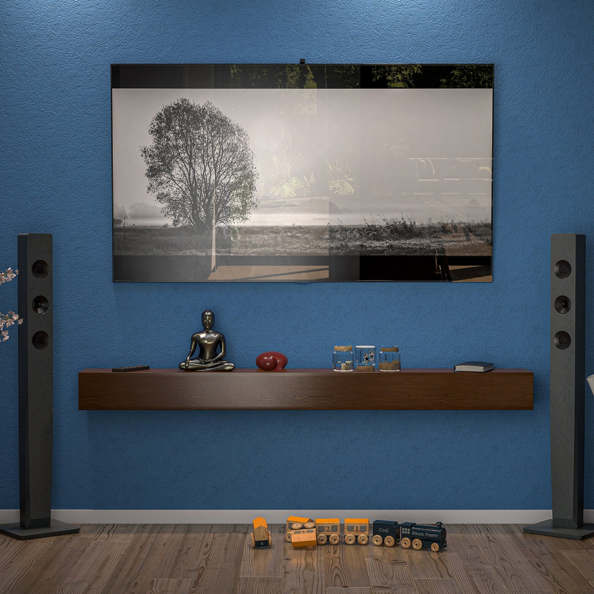 72 Inch Solid Pine Fireplace Mantel, Wall Mounted Floating Shelf in Brown