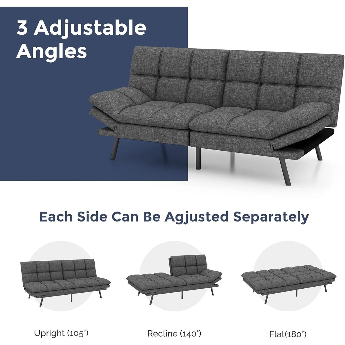 Convertible Futon Sofa Bed with Memory Foam, Foldable Loveseat Sleeper with Adjustable Armrests