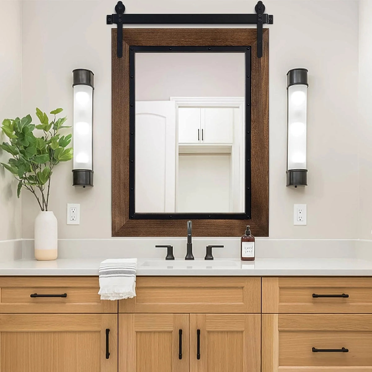 Farmhouse Barn Door Style Bathroom Vanity Mirror, Natural Wood Wall Mirror for Bathroom, Bedroom and Entryway