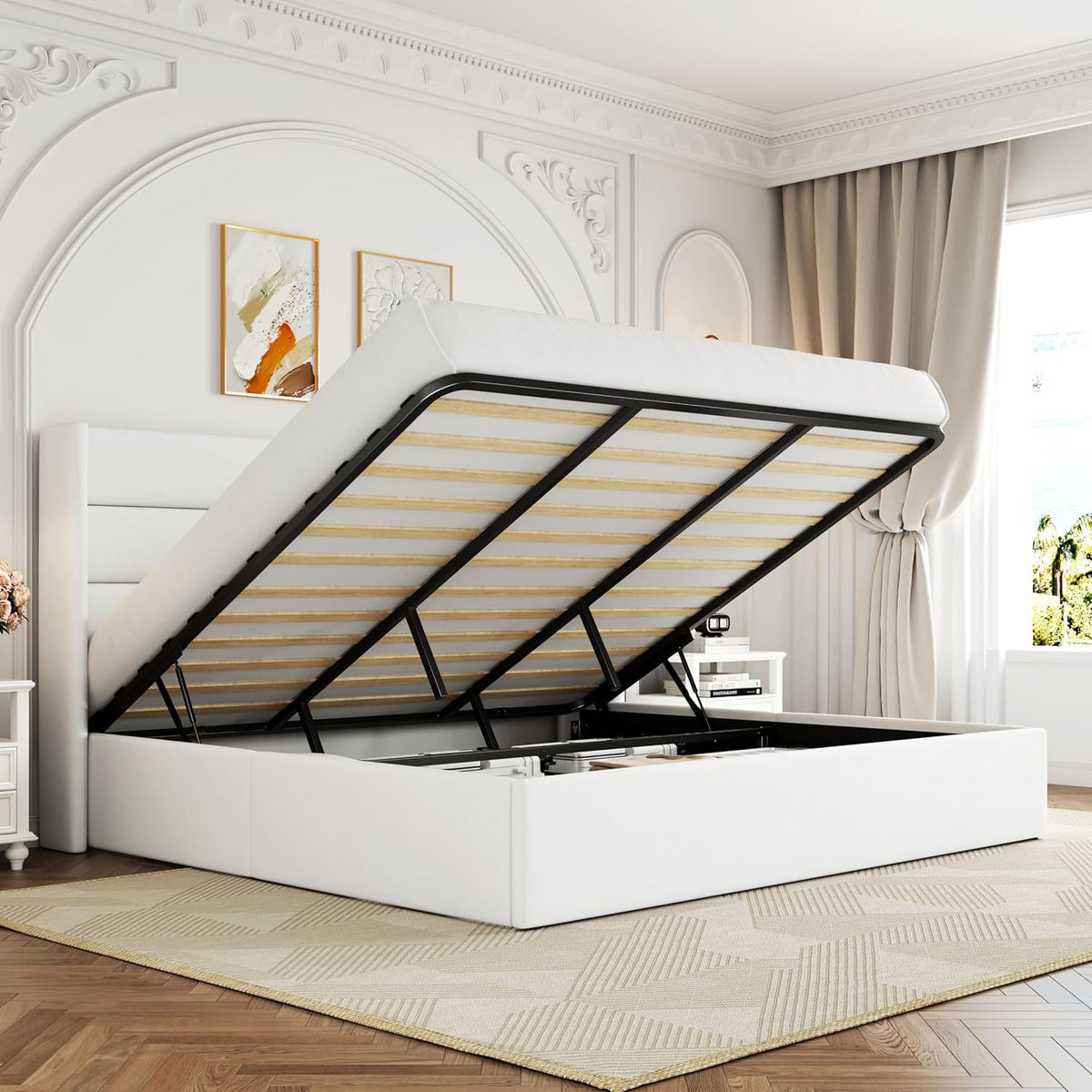 Queen Size Lift Up Storage Bed with Wingback Headboard, Upholstered Platform Bed Frame with Hidden Storage