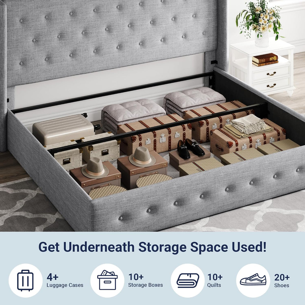 Queen Size Lift Up Storage Bed with Wingback Headboard, Upholstered Platform Bed Frame with Hidden Storage