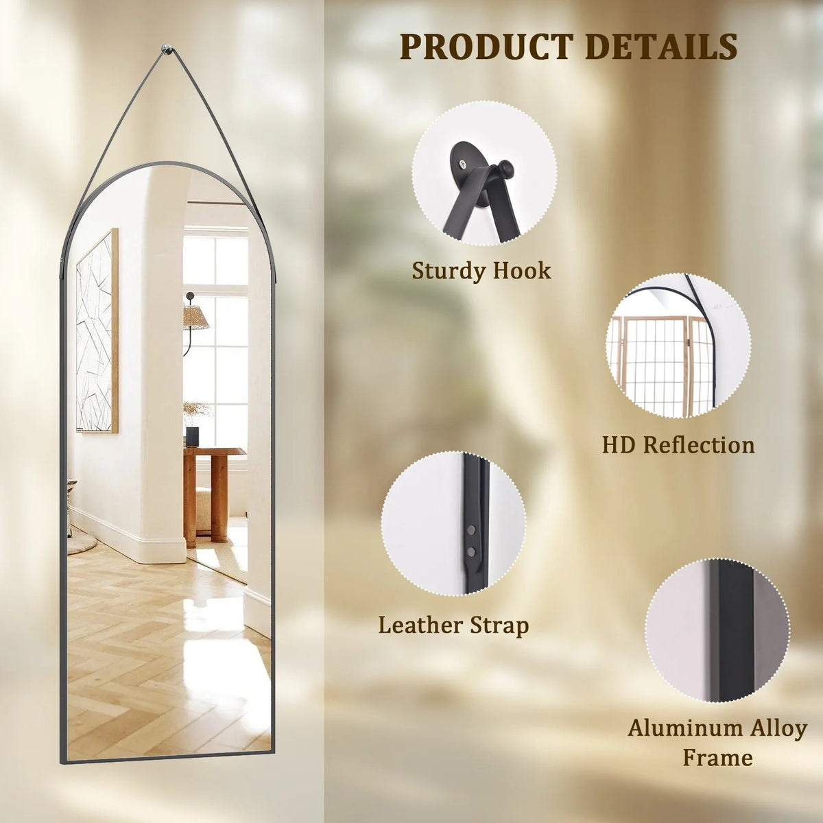 48 x 16 Inch Full Length Wall Mirror with Leather Strap, Hanging Full Body Mirror for Bedroom, Entryway and Home Decor