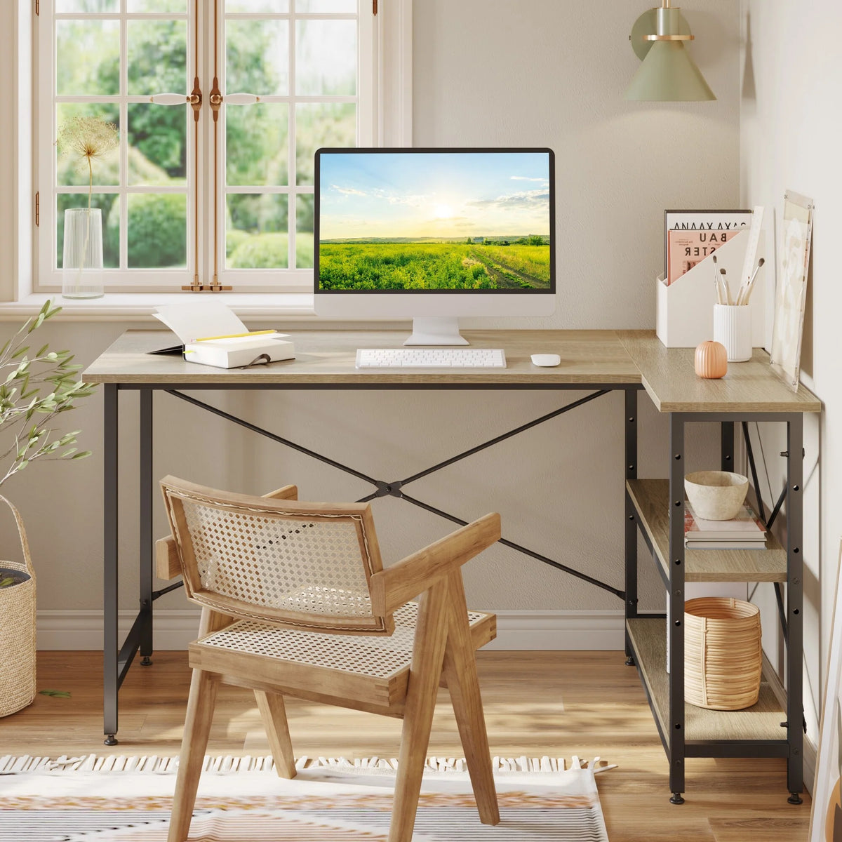Small L Shaped Computer Desk with Storage Shelves, Compact Corner Workstation for Home Office and Study